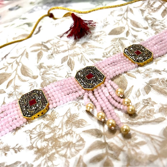 Brand New!Stunning Rose Quartz Necklace embedded w  Rubies &Dark grey stones - Picture 3 of 16